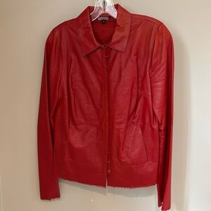Women’s rozae nichols red leathered jacket with raw hem; size S